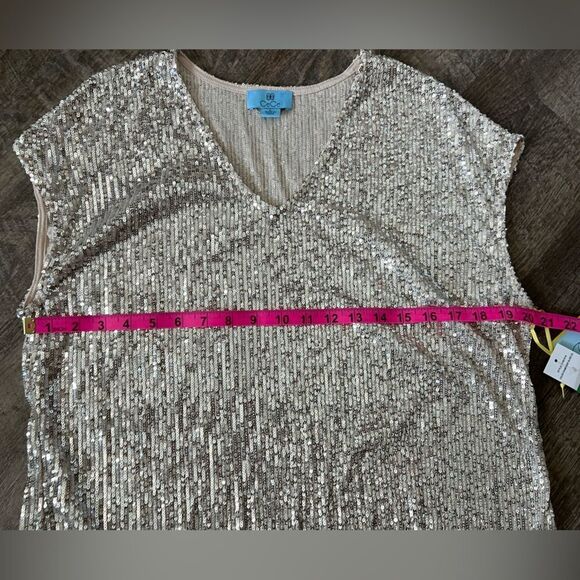 CeCe Sequined V-Neck Cap-Sleeve Silver Blouse-Size Large - Picture 5 of 6